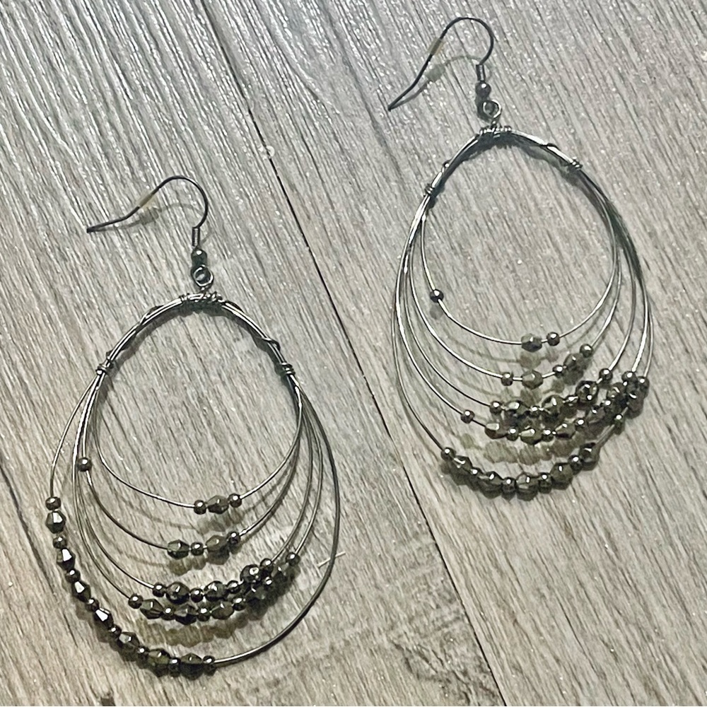 Vtg Chrome Beaded Large Wire Layered Oval Circles Dangle Hook Earrings